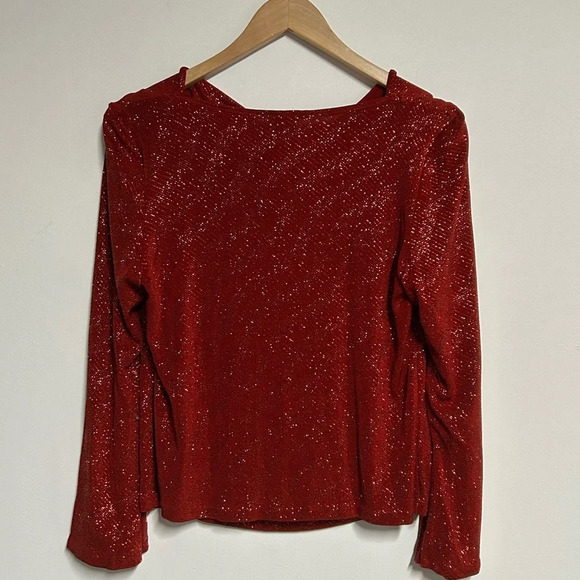Joanna Chen Women's Medium Red Sparkle Cowl Neck Top Split Bell Sleeve Christmas - Picture 4 of 11